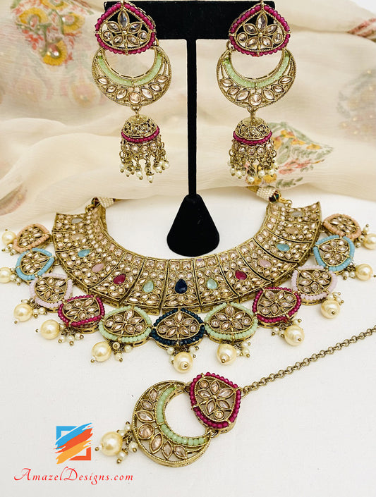 Mehrfarbige Polki Halskette Chandbali Jhumki Ohrringe Tikka Set 