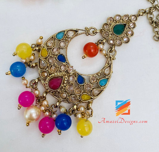 Multicoloured Polki Necklace Earrings Tikka Set