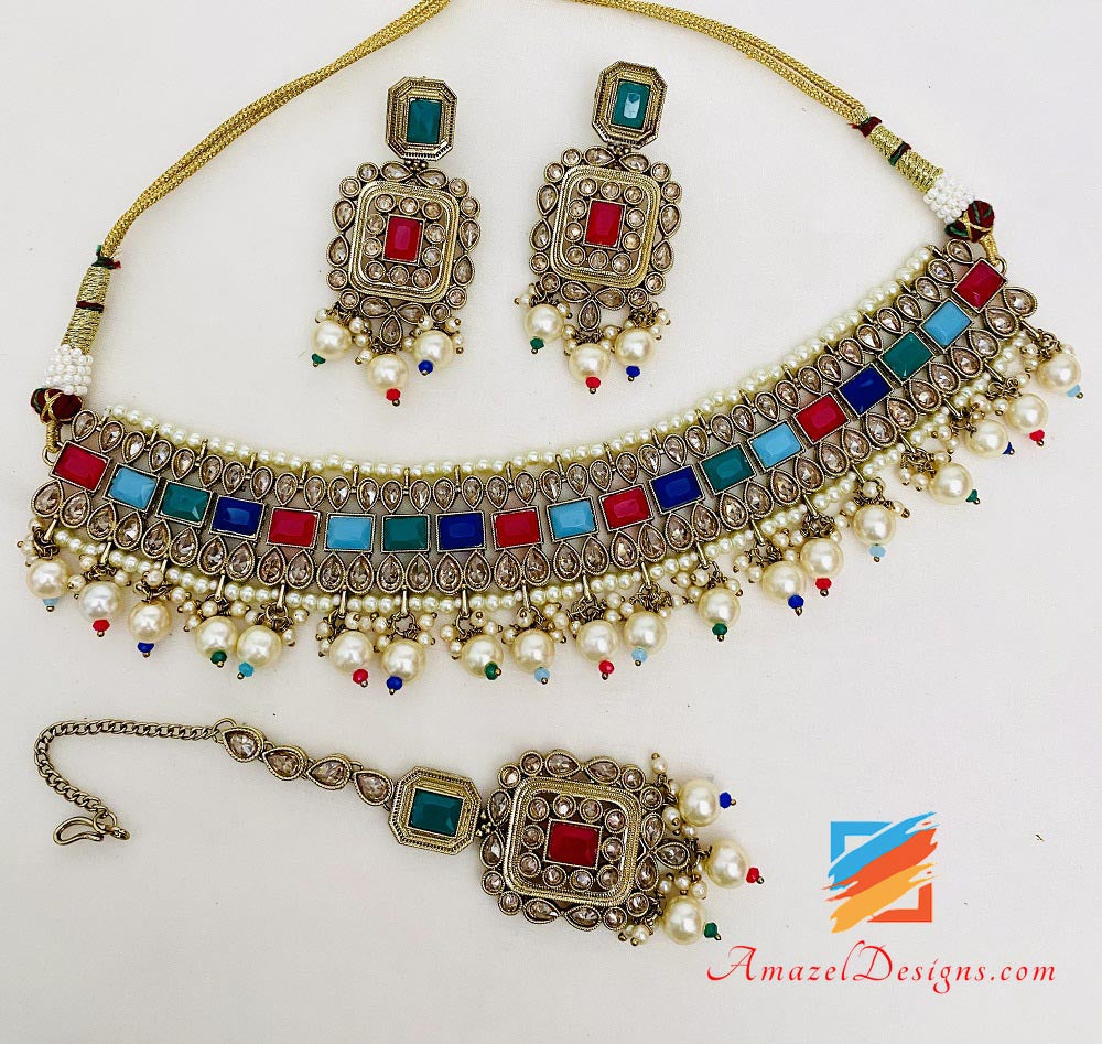 Multicoloured Polki Necklace Earrings Tikka Set