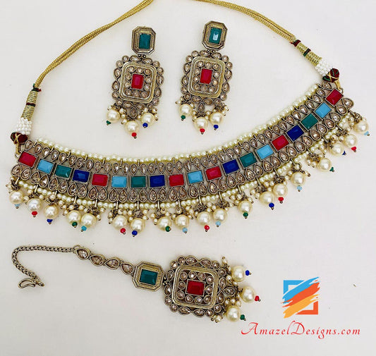 Multicoloured Polki Necklace Earrings Tikka Set