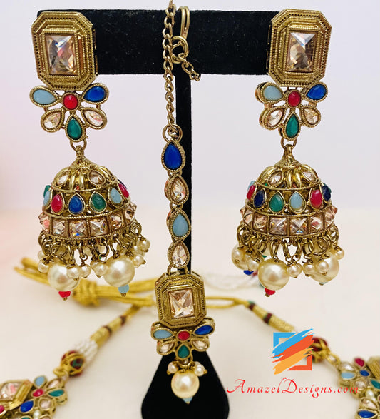 Multicoloured Polki Necklace Earrings Tikka Set