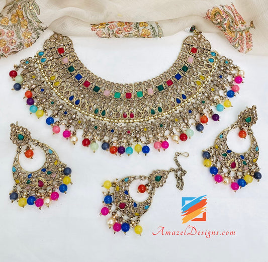 Multicoloured Polki Necklace Earrings Tikka Set