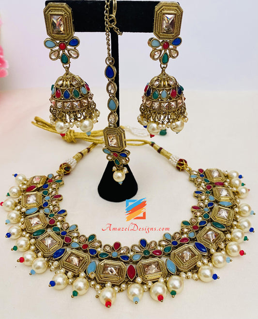 Multicoloured Polki Necklace Earrings Tikka Set