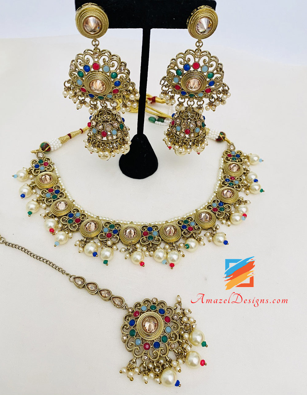 Multicoloured Polki Necklace Earrings Tikka Set