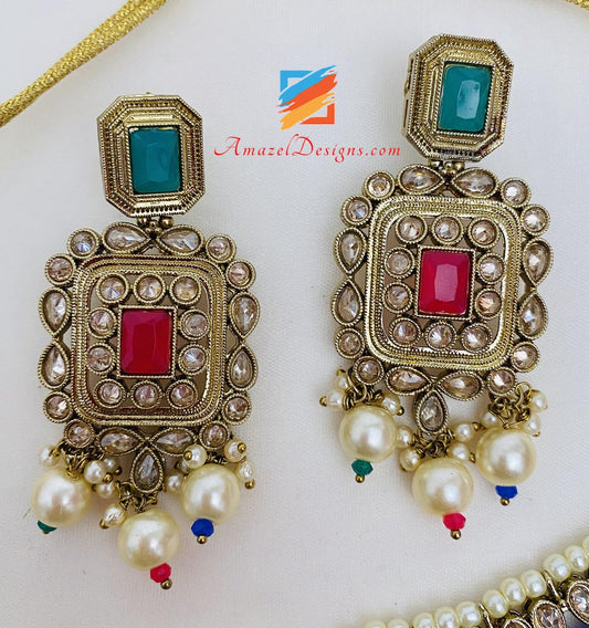 Multicoloured Polki Necklace Earrings Tikka Set