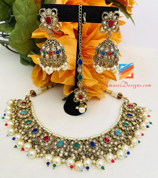 Multicoloured Polki Necklace Jhumki Earrings Tikka Set