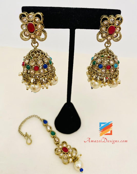 Multicoloured Polki Necklace Jhumki Earrings Tikka Set