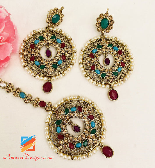 Multicoloured Polki Rani Haar Earrings Tikka Set