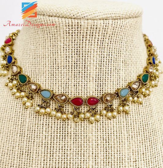 Multicoloured Polki Hanging Beads Single Line Choker/Necklace