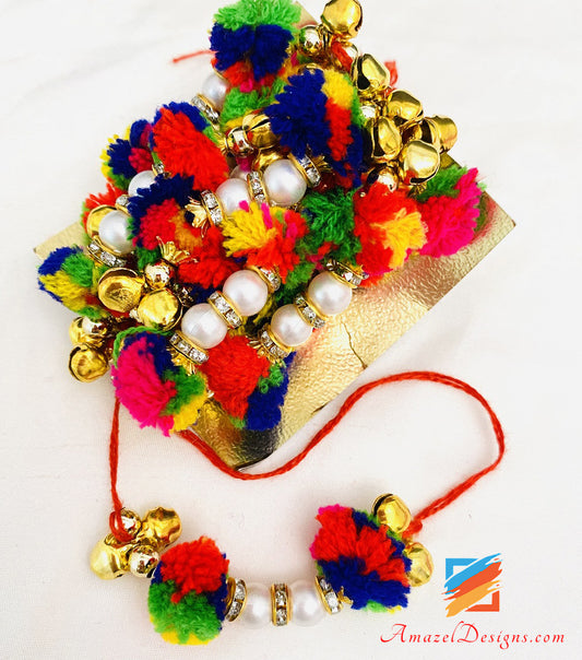 Multicoloured Pompom Ghungroo Beads Crystal Ganna - 12 pieces