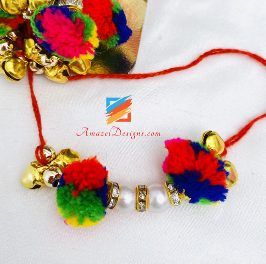 Multicoloured Pompom Ghungroo Beads Crystal Ganna - 12 pieces