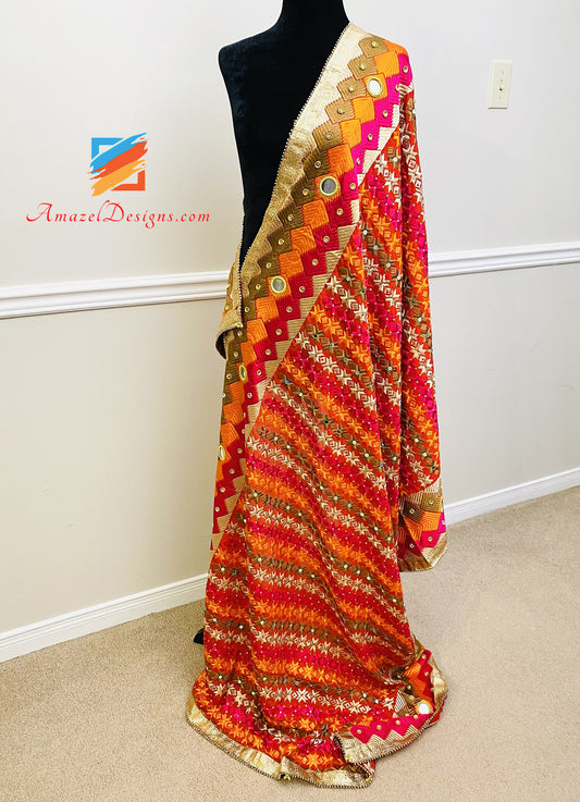 Multicoloured Sheesha Kundan Phulkari with Border and Ghungroo