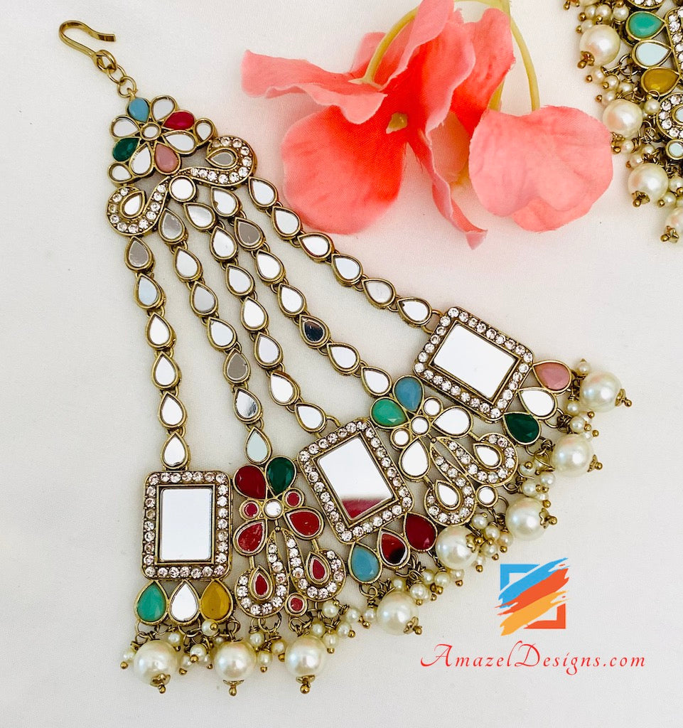 Mehrfarbiges Sheesha Halskette Ohrringe Tikka und Passa Set 