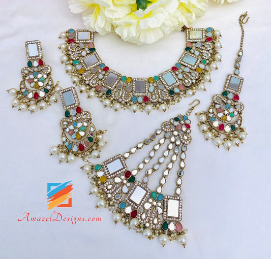 Multicoloured Sheesha Necklace Earrings Tikka and Passa Set