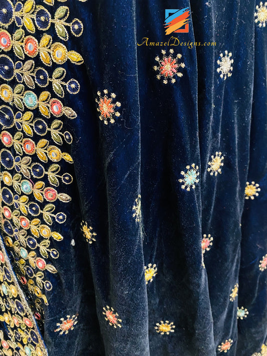Multicoloured Thread Mirror Tilla Work Blue Velvet Shawl