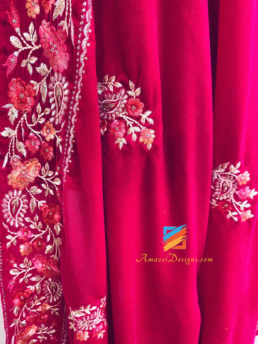 Multicoloured Thread Work Magenta Hot Pink Velvet Shawl