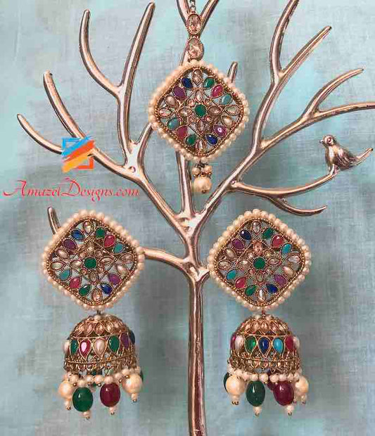 Mehrfarbiges Smaragd-Rubin-Jhumka-Ohrring-Tikka-Set