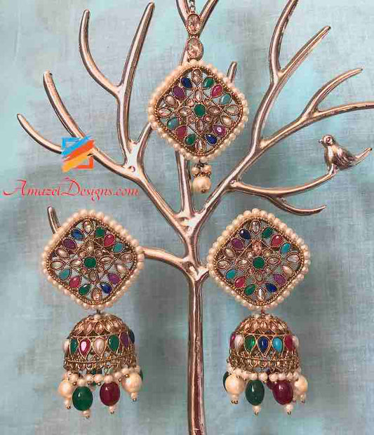 Multicoloured Emerald Ruby Jhumka Earring Tikka Set