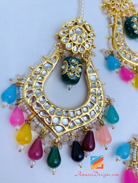 Multicoloured Meenakari Bead Kundan Earrings Tikka Set
