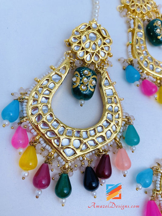 Bunte Meenakari Perlen Kundan Ohrringe Tikka Set