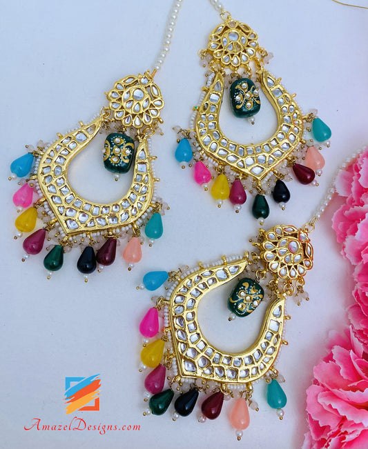 Bunte Meenakari Perlen Kundan Ohrringe Tikka Set