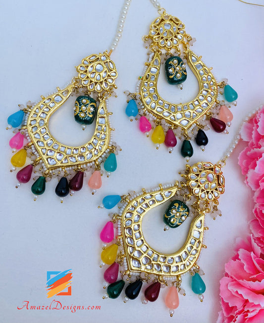 Multicoloured Meenakari Bead Kundan Earrings Tikka Set