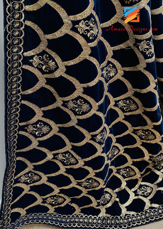 Navy Blue Dark Velvet Shawl All Over Tilla Sitara Work