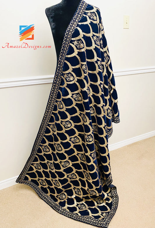 Navy Blue Dark Velvet Shawl All Over Tilla Sitara Work