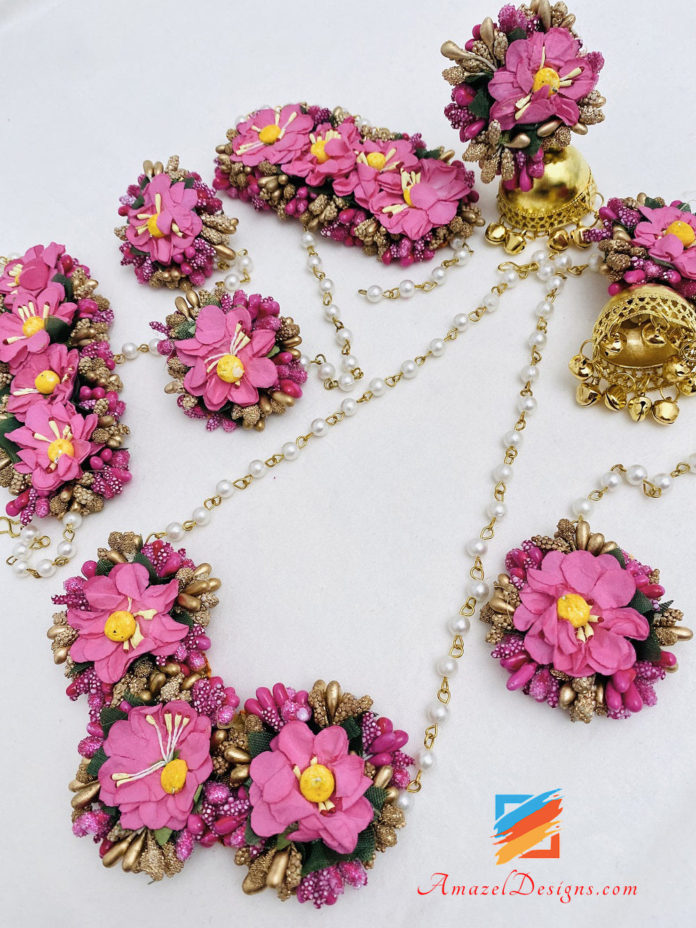 Halskette Jhumka Ohrringe Handstücke Tikka Hot Pink Magenta Blumenset 