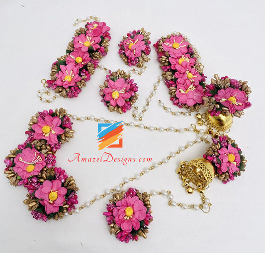 Collana Jhumka Orecchini Hand Pieces Tikka Hot Pink Magenta Flower Set 