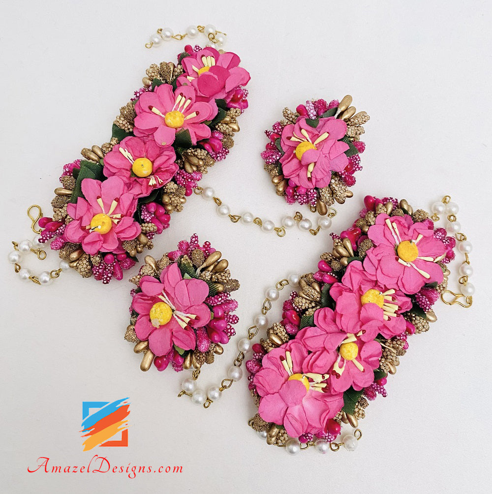 Collana Jhumka Orecchini Hand Pieces Tikka Hot Pink Magenta Flower Set 