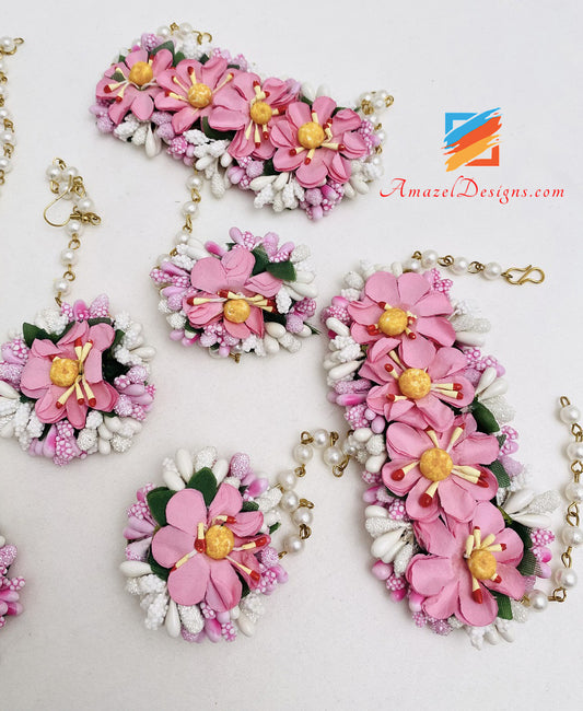 Necklace Jhumka Earrings Hand Pieces Tikka Pink Flower Set