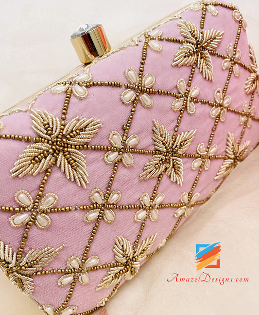 One Side Dabka Beads Work Pink Clutch
