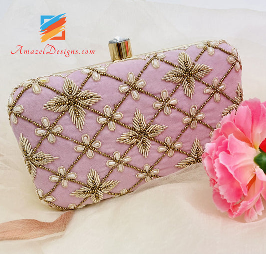One Side Dabka Beads Work Pink Clutch