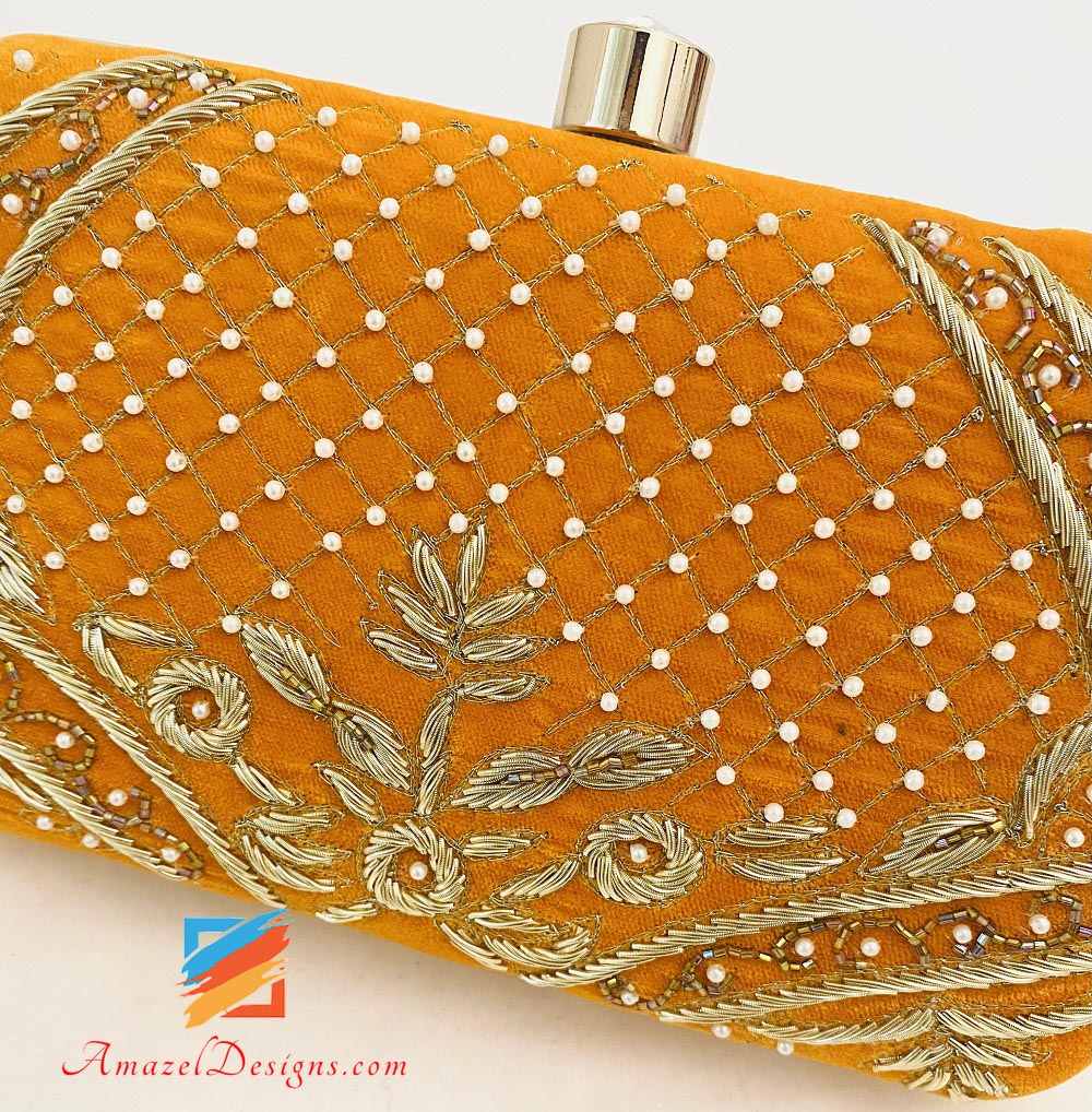Buy Orange Potli In Velvet Heavily Embroidered With Beads And Moti Work In  Scalloped And Tassel