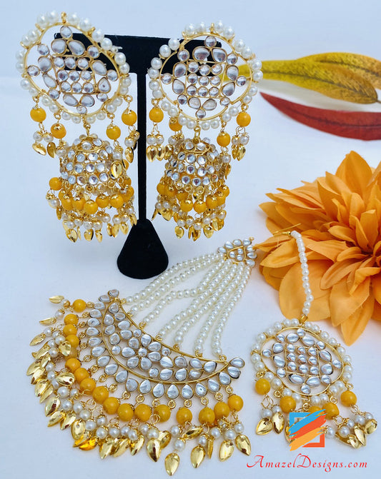 Orange Kundan Leichte Pipal Patti Jhumka Ohrringe Tikka Passa Set 