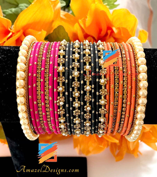 Orange Magenta Black Cream Bead Kadas Bangle Set