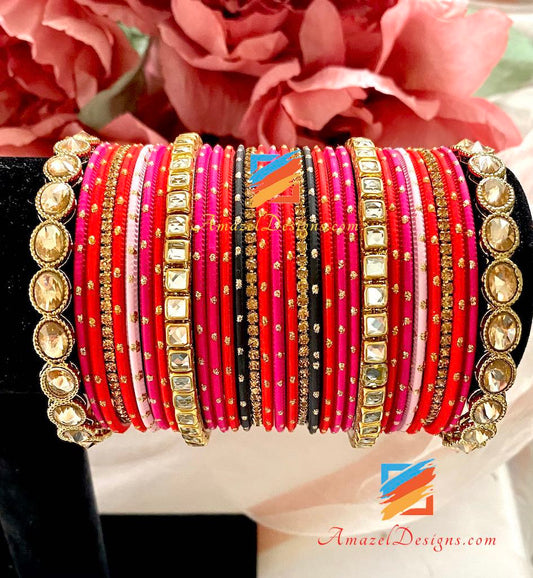 Orange Magenta Kundan Bangle Set
