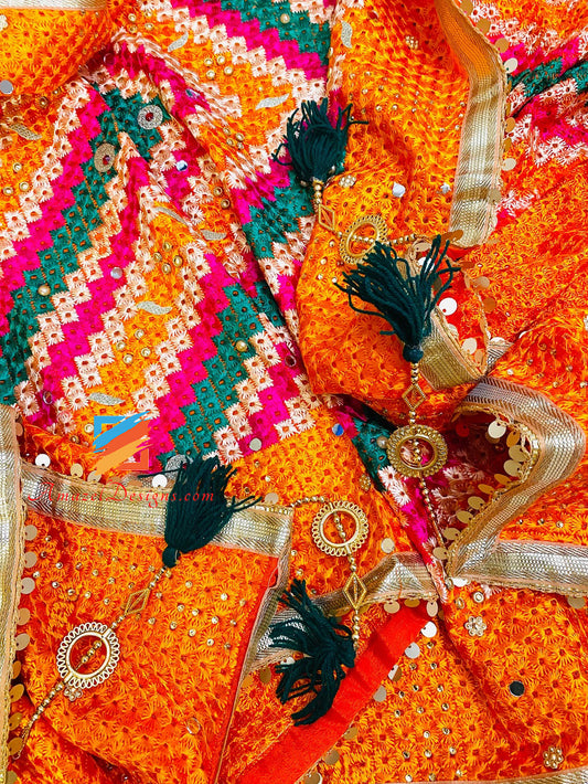 Orange Mirrors Green Fummaan Sitara Lace Fulkari