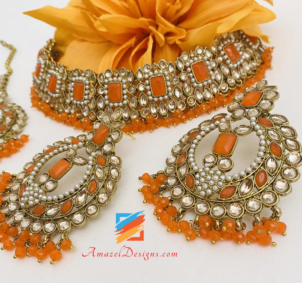Orange🍊Polki Choker Necklace Earrings Tikka Set