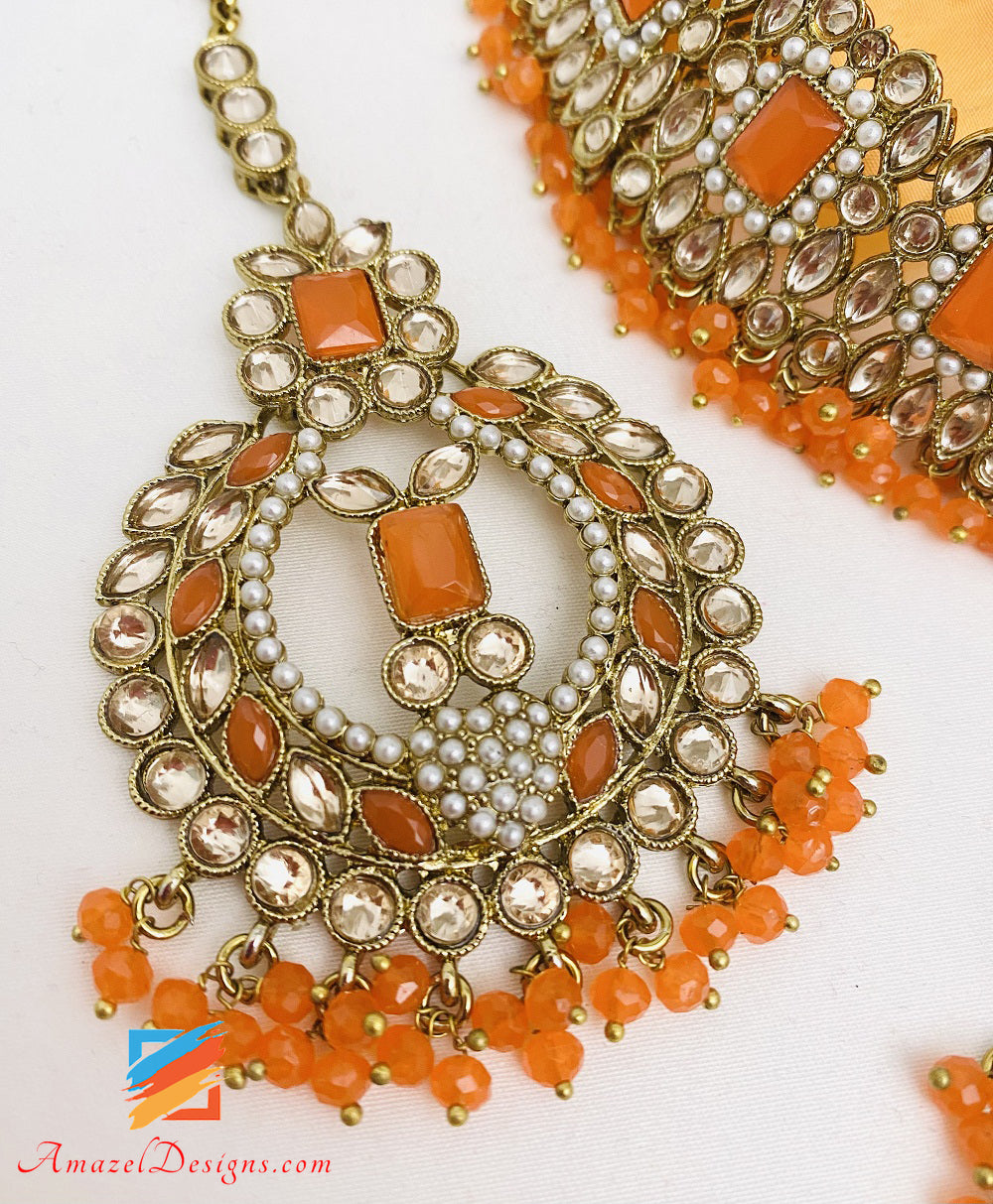 Orange🍊Polki Choker Necklace Earrings Tikka Set