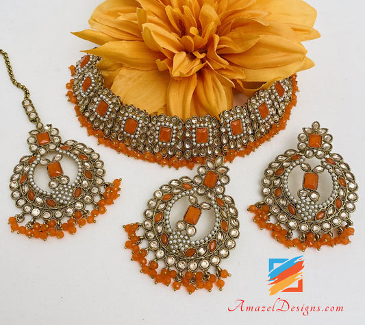 Orange🍊Polki Choker Halskette Ohrringe Tikka Set 