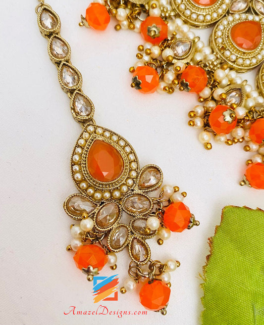 Orange 🍊 Polki Halskette Jhumki Ohrringe Tikka Set 