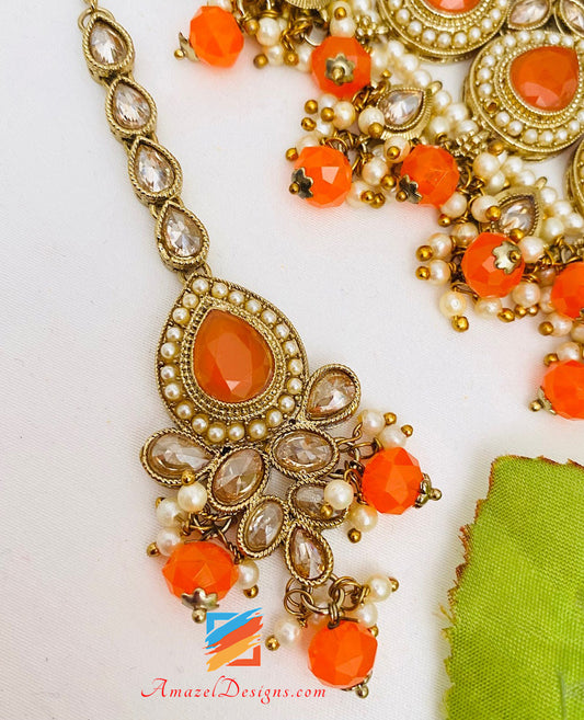 Orange 🍊 Polki Necklace Jhumki Earrings Tikka Set