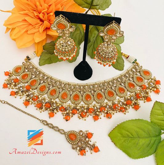 Orange 🍊 Polki Necklace Jhumki Earrings Tikka Set