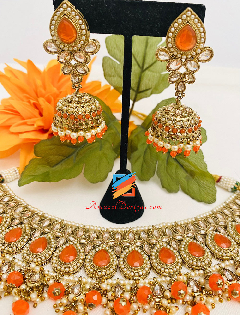Orange 🍊 Polki Necklace Jhumki Earrings Tikka Set