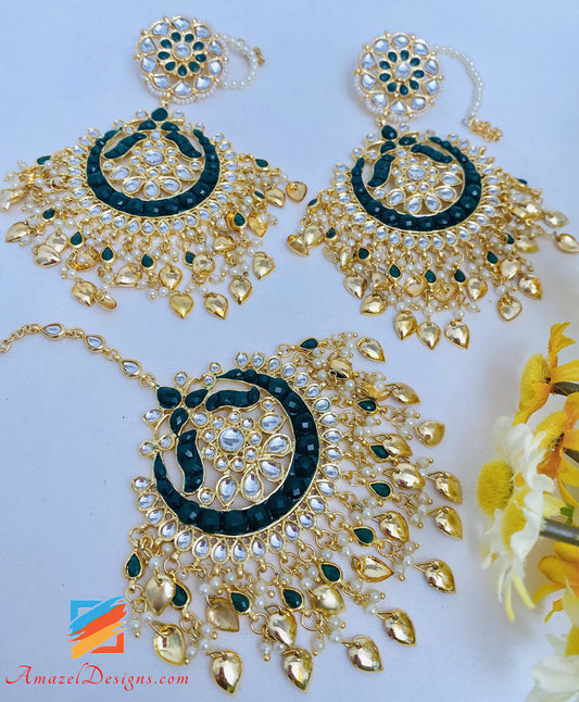 Set Tikka di orecchini Kundan Green Pippal Patti oversize