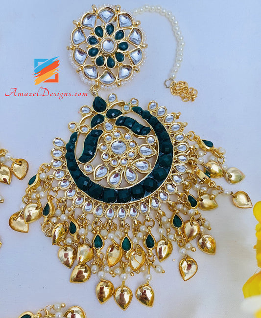 Oversized Kundan Green Pippal Patti Earrings Tikka Set