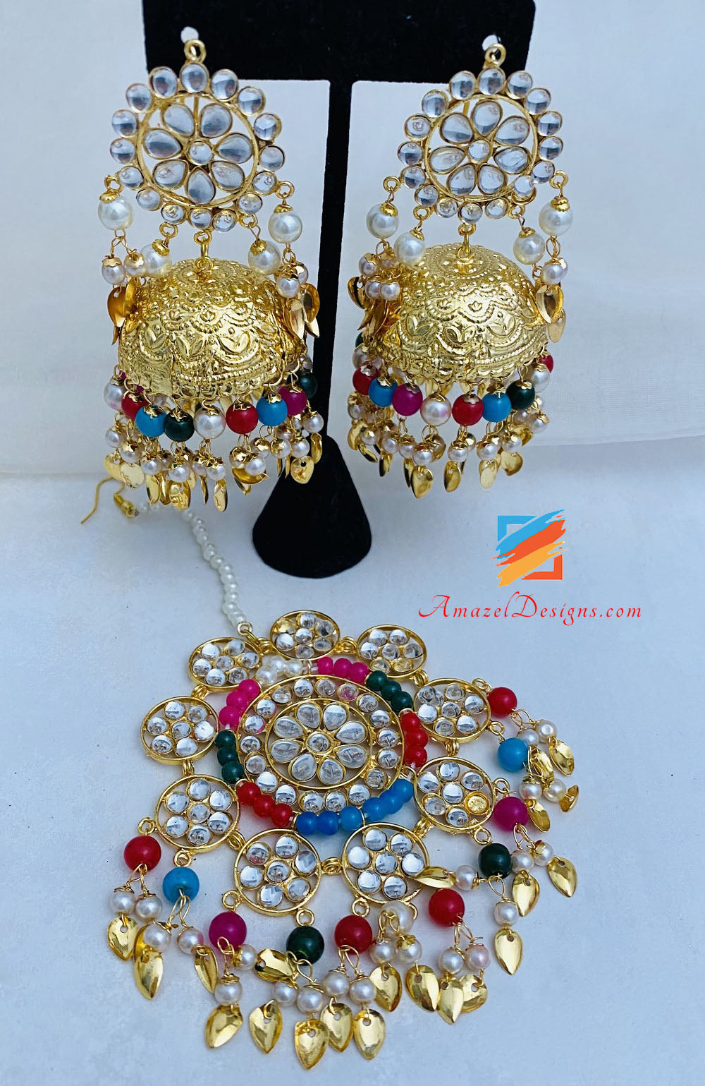 Oversized Kundan Jhumka Earrings Tikka Set