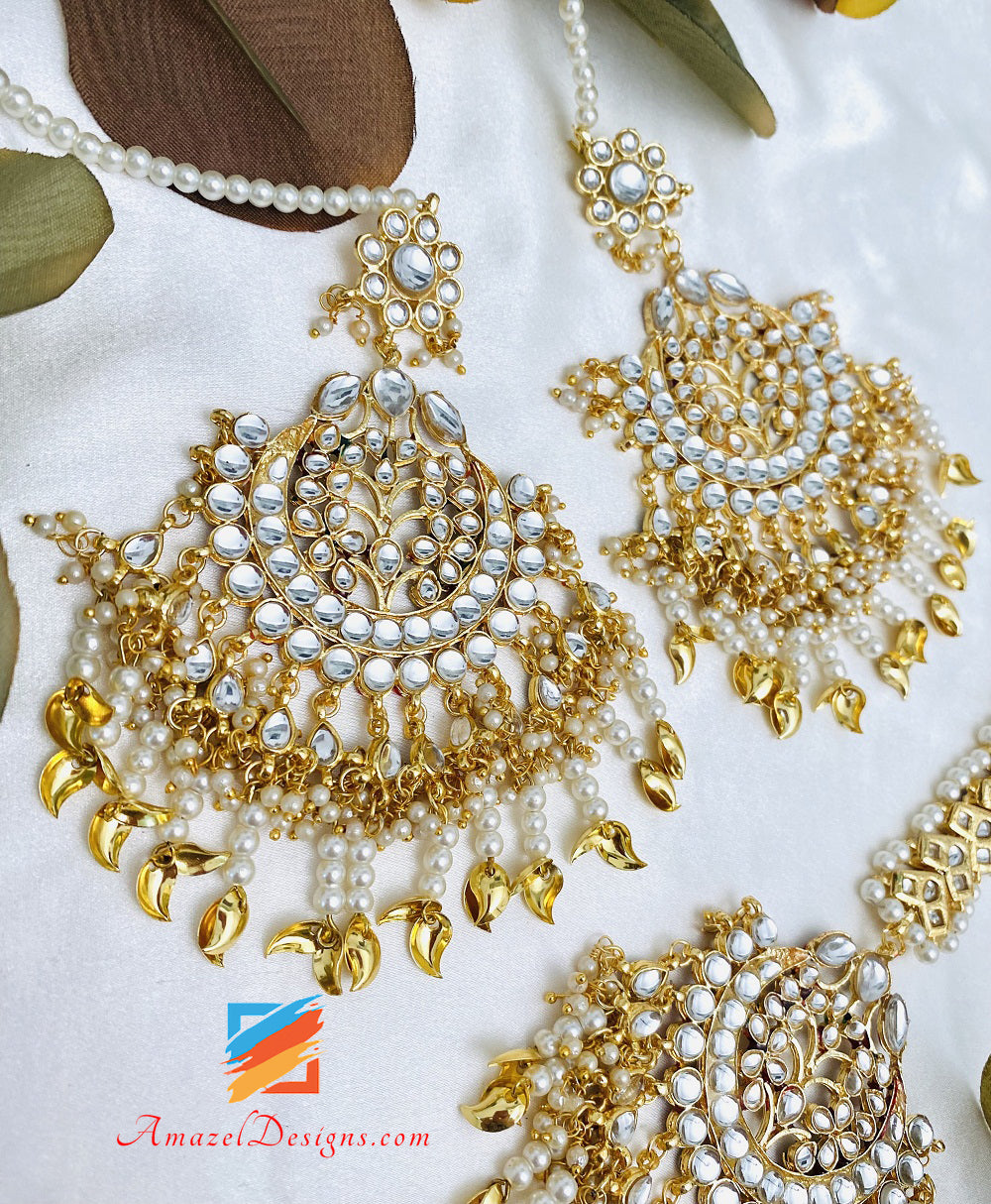 Oversized Golden Kundan Pippal Patti Earrings Tikka Set – Amazel